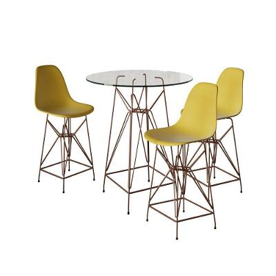 Jogo Mesa Bistrô Eames Vidro 60Cm 3 Banquetas Amarela Base Ferro Cobre - Cor: Branco