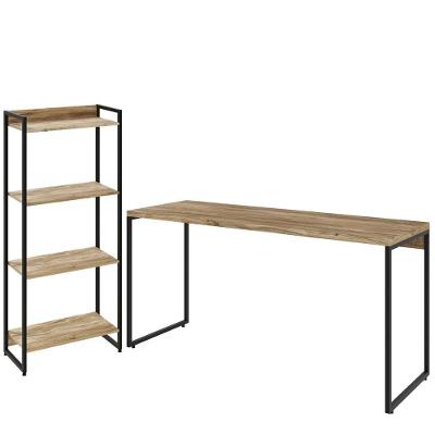 Kit Escritório Estante 4 Prateleiras Mesa 150Cm Carvalho