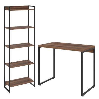 Kit Para Escritório Estante 5 Prateleiras Mesa 90Cm Nogal