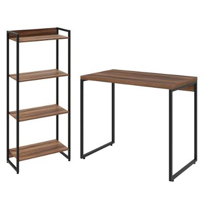 Kit Para Escritório Estante 4 Prateleiras Mesa 90Cm Nogal