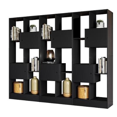 Livreiro Com Nicho E 2 Portas Preto Fosco Kit Com 3