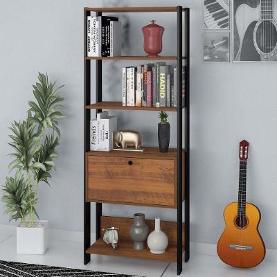Estante Para Livros Pinho/Preto C/ 01 Porta E 4 Prateleiras