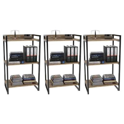 Kit 3 Estantes Livreiro Multi Prisma Estilo Industrial 60cm 3 Prateleiras C08 Carvalho