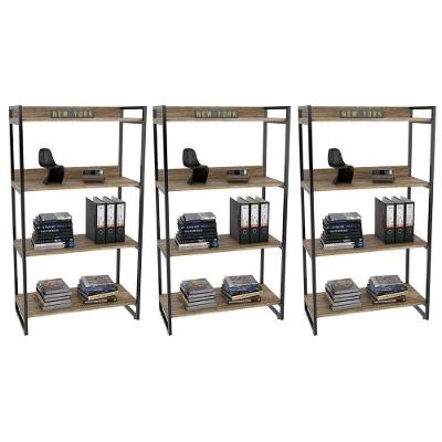Kit 3 Estantes Livreiro Multi Prisma Estilo Industrial 80cm 4 Prateleiras C08 Carvalho