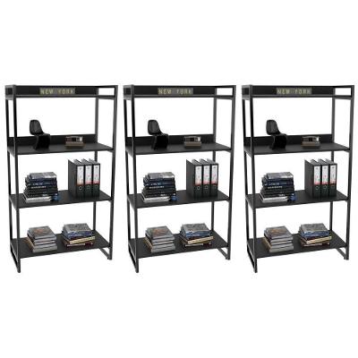Kit 3 Estantes Livreiro Multi Prisma 80Cm 4 Prateleiras Preto Onix