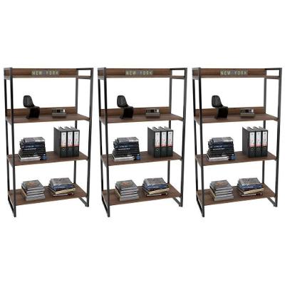 Kit 3 Estantes Livreiro Multi Prisma Estilo Industrial 80Cm 4 Prateleiras C08 Nogal - Mpozenato