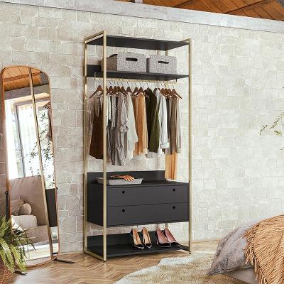 Closet Industrial Aberto Solteiro Cabideiro + 2 Gavetas - Preto - Cor: Preto