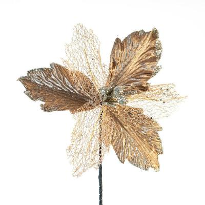 Kit 2 Flor Dourada Decoração Natal Artificial Glitter 30cm