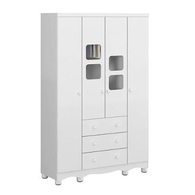 Guarda Roupa Infantil 4 Portas Com Janelas 3 Gavetas Peroba Branco Brilho Branco Brilho