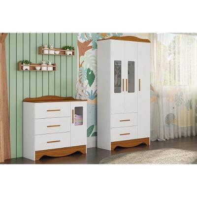 Guarda Roupa Bebê Clara c/ 3 Portas e 2 Gavetas Branco Brilho/Amendoa - Peroba