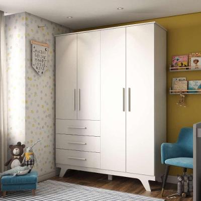 Guarda Roupa Infantil 4 Portas 3 Gavetas 100% Mdf Retrô Móveis Peroba Branco Brilho Branco Brilho