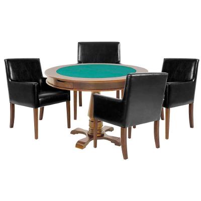 Mesa de Jogos Carteado Victoria Redonda Tampo Reversível Amêndoa com 4 Cadeiras Liverpool Corino Preto Liso Gran Belo