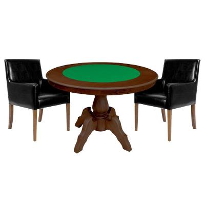 Mesa de Jogos Carteado Redonda Montreal Tampo Reversível Imbuia com 2 Cadeiras Liverpool Corino Preto Liso Gran Belo
