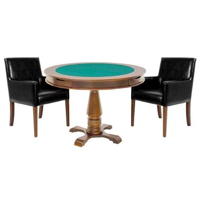 Mesa de Jogos Carteado Victoria Redonda Tampo Reversível Amêndoa com 2 Cadeiras Liverpool Corino Preto Liso Gran Belo