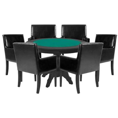 Mesa de Jogos Carteado Redonda Montreal Tampo Reversível Preto com 6 Cadeiras Liverpool Corino Preto Liso Gran Belo