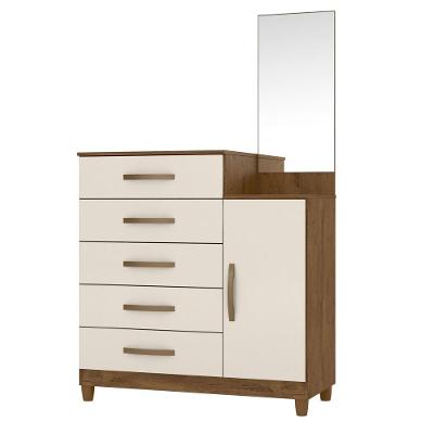 Cômoda 5 Gavetas E 1 Porta C/Espelho Castanho Baunilha