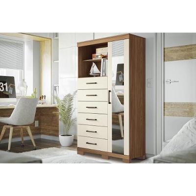 Cômoda Casal Marabá 1.6 c/ 1 Porta 2 Nichos e 6 Gavetas c/ Espelho e Pés jatoba/Areia - Santos Andirá