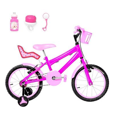 Bicicleta Infantil Feminina Aro 16 Alumínio Colorido + Kit Passeio E Cadeirinha Pink E Rosa