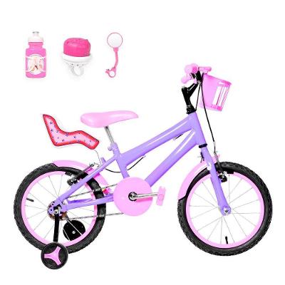 Bicicleta Infantil Feminina Aro 16 Alumínio Colorido + Kit Passeio E Cadeirinha Lilás E Rosa