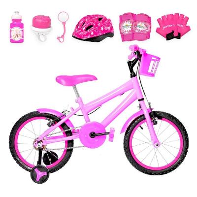 Bicicleta Aro 16 Alumínio + Kit Proteção Rosa E Pink