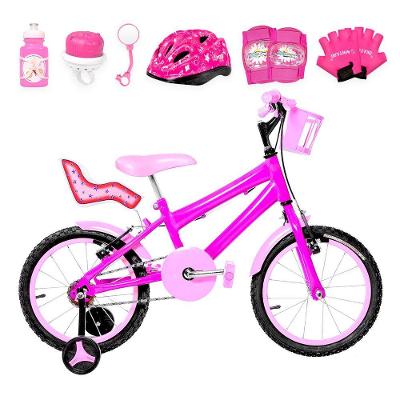 Bicicleta Infantil Feminina Aro 16 Alumínio Colorido + Kit Premium Pink E Rosa