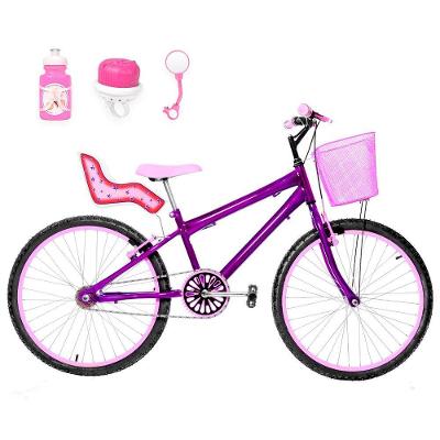 Bicicleta Feminina Aro 24 Alumínio Colorido + Kit Passeio E Cadeirinha Cor Violeta E Rosa