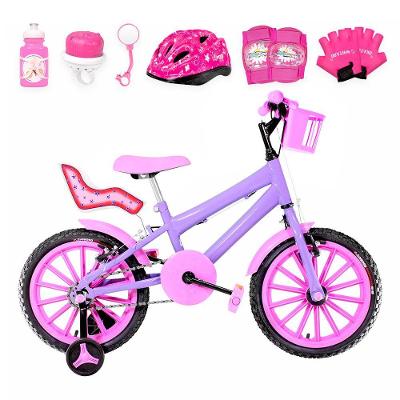 Bicicleta Infantil Aro 16 Nylon + Kit Premium Lilás E Rosa