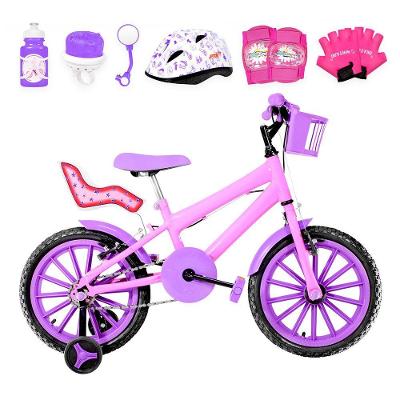Bicicleta Infantil Aro 16 Nylon + Kit Premium Rosa E Lilás