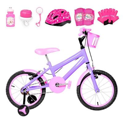 Bicicleta Infantil Feminina Aro 16 Alumínio Colorido + Kit Proteção Lilás E Rosa