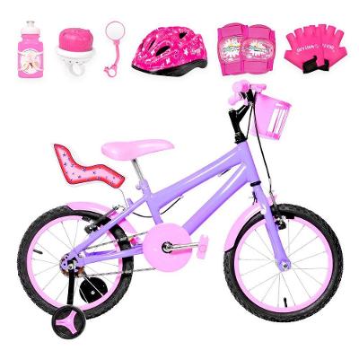 Bicicleta Infantil Feminina Aro 16 Alumínio Colorido + Kit Premium Lilás E Rosa