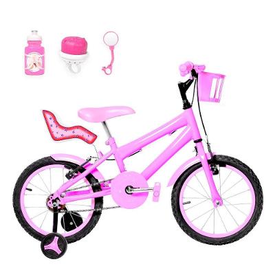 Bicicleta Infantil Feminina Aro 16 Alumínio Colorido + Kit Passeio E Cadeirinha Rosa