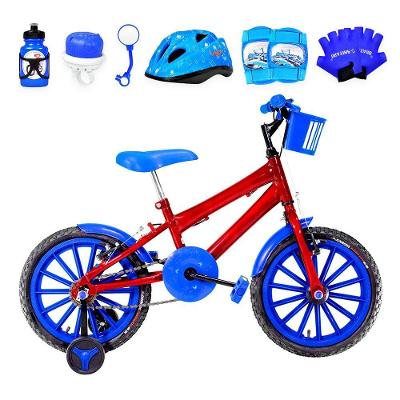 Bicicleta Aro 16 Nylon + Kit Proteção Vermelha E Azul