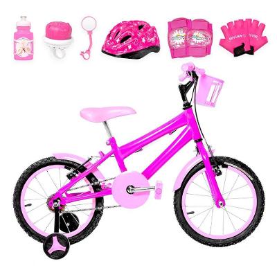 Bicicleta Infantil Feminina Aro 16 Alumínio Colorido + Kit Proteção Pink E Rosa