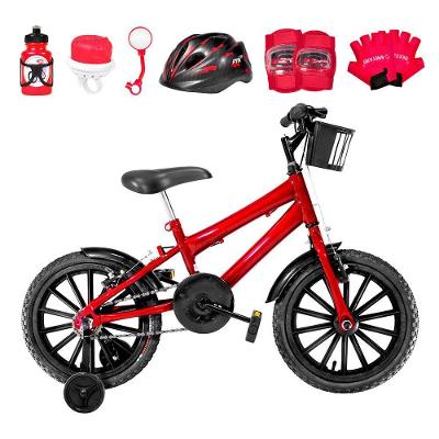 Bicicleta Aro 16 Nylon + Kit Proteção Vermelha E Preta