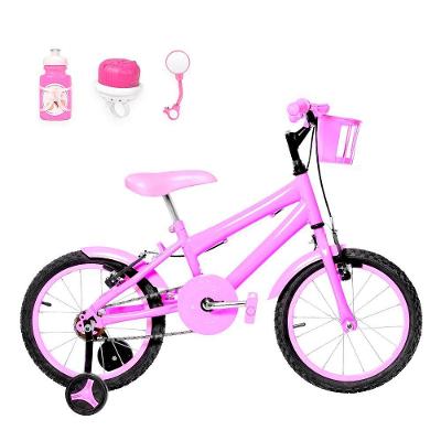 Bicicleta Infantil Feminina Aro 16 Alumínio Colorido + Kit Passeio Rosa