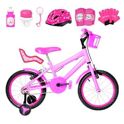 Bicicleta Infantil Aro 16 Alumínio + Kit Premium Rosa E Pink