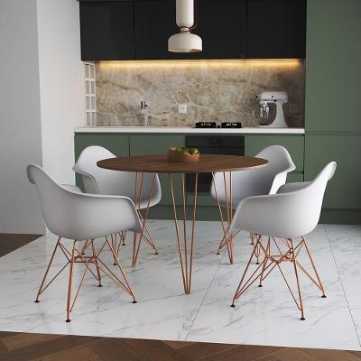 Mesa Jantar Redonda 90Cm Amêndoa Clips 3 Pés Com 4 Poltronas Brancas Base Cobre Marrom