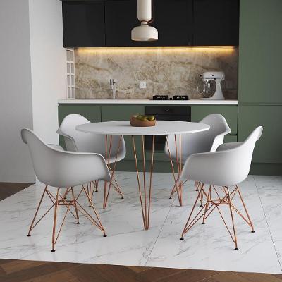Mesa Jantar Redonda 90Cm Branca Clips 3 Pés Com 4 Poltronas Brancas Base Cobre Branco
