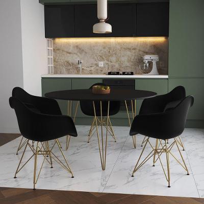 Mesa Jantar Redonda 110Cm Preta Clips 3 Pés Com 5 Poltronas Pretas Base Dourada Marrom