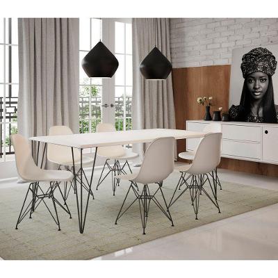 Conjunto De Mesa De Ferro Preto Tampo Branco 135X75 6 Cadeiras Assento Branco
