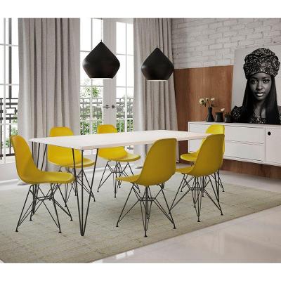 Conjunto De Mesa De Ferro Preto Tampo Branco 135X75 6 Cadeiras Preta Assento Amarelo