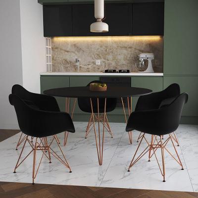 Mesa Jantar Redonda 110Cm Preta Clips 3 Pés Com 5 Poltronas Pretas Base Cobre Marrom