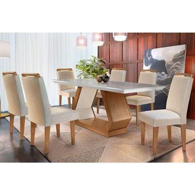 Sala de Jantar Completa C/ Tampo Vidro Canto Reto 180cm + 6 Cadeiras Imbuia Veludo Creme