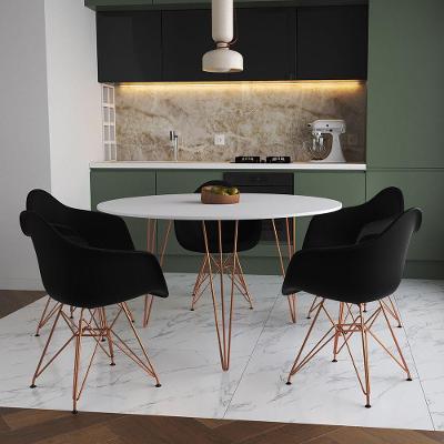 Mesa Jantar Redonda 110Cm Branca Clips 3 Pés Com 5 Poltronas Pretas Base Cobre Marrom
