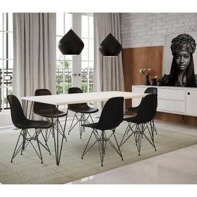 Conjunto De Mesa De Ferro Preto Tampo Branco 135X75 6 Cadeiras Preta Assento Preto