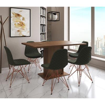 Mesa Jantar Londres Retangular Amêndoa 137X90Cm 6 Cadeiras Estofadas Verde Base Cobre