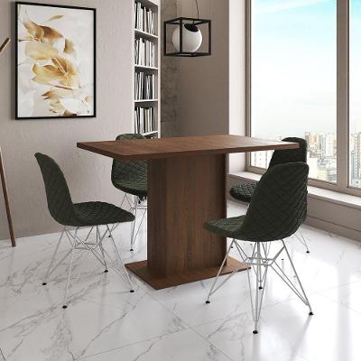 Mesa Jantar Londres Tampo Amêndoa 120Cm 4 Cadeiras Ferro Branco Estofado Verde