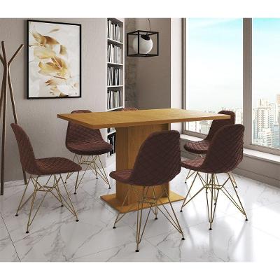 Mesa Jantar Londres Retangular Canela 137X90Cm 6 Cadeiras Estofadas Vermelho Base Dourado