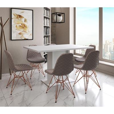 Mesa Jantar Londres Retangular Branca 137X90 6 Cadeiras Estofadas Nude Médio Base Cobre