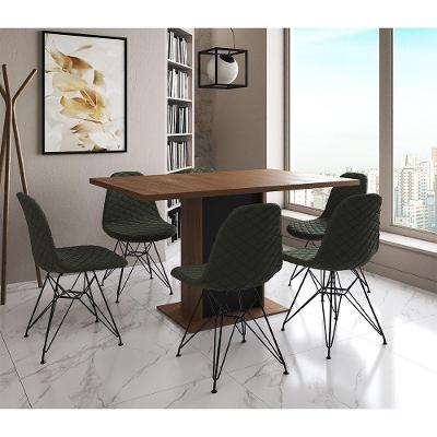 Mesa Jantar Londres Retangular Amêndoa 137X90 Base Preta 6 Cadeiras Estofadas Verde Ferro Preto